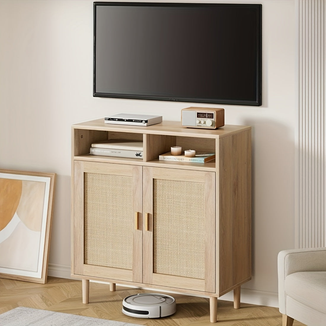 Rattan Sideboard – Buffetkast – Dressoir – Keukenkast – Opbergkast – Massief Hout & MDF – 3,2+ Kubieke Voet Opbergruimte – Freestanding 68,58 cm Hoog