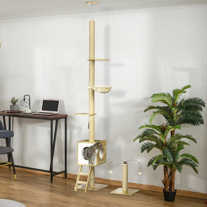 Kattenkrabpaal – Krabmeubel – Kattenboom – Klimpaal – Speelpaal – Verstelbare Hoogte 225-285 cm – Compleet Met Nestje En Hangmat – Set Van 2 Beige