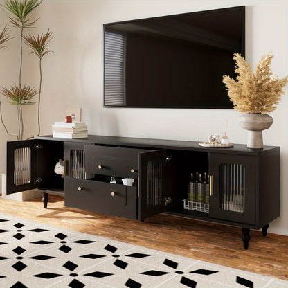 TV-meubel – Tv-kast – Mediawand – Lowboard – Tv-dressoir – Retro Design – Glazen Deuren – Massief Houten Poot – Geschikt Tot 80 Inch – MDF Constructie