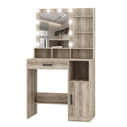 Kaptafel – Make-uptafel – Schoonheidstafel – Make-upmeubel – Greige – 10 Dimbare LED Lampen – 3 Planken & Grote Lade