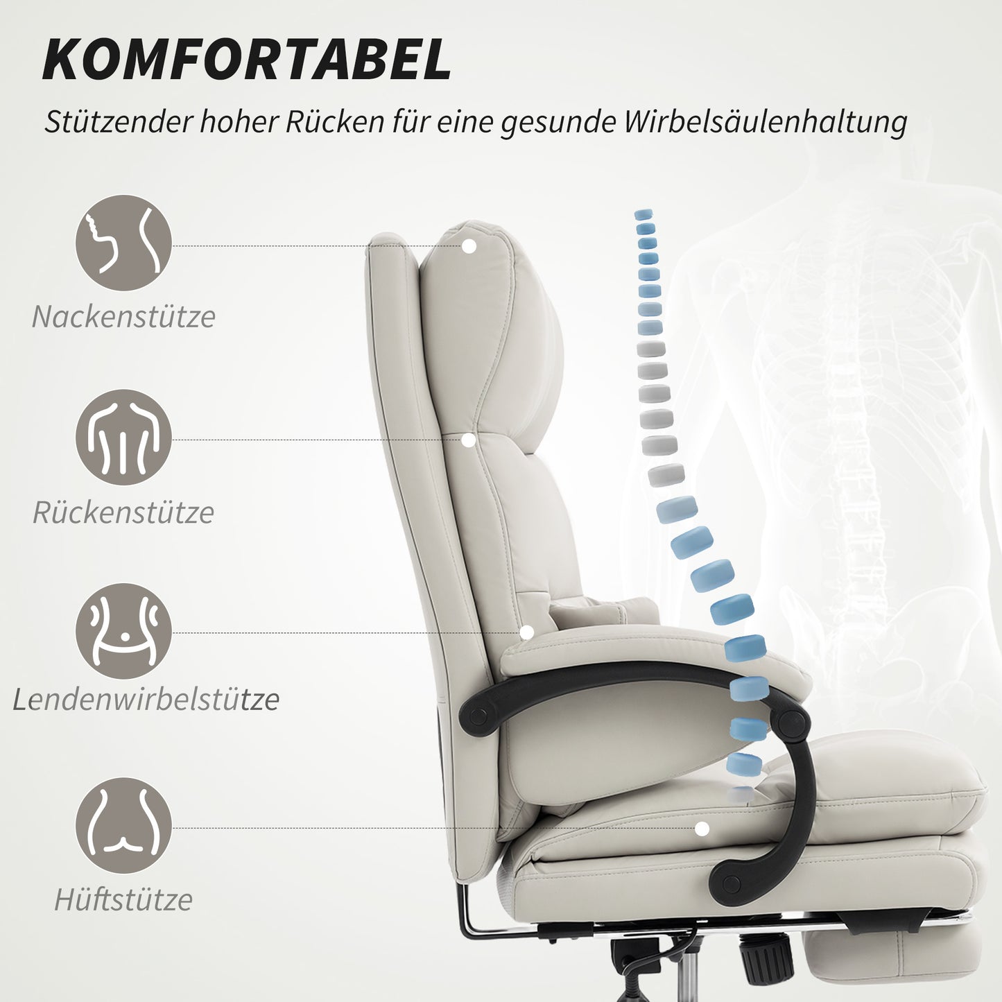 Bureaustoel – Office Chair – Kantoorstoel – Computerstoel – Gamestoel – Verstelbare Hoogte – Kunstleren Bekleding Lichtgrijs
