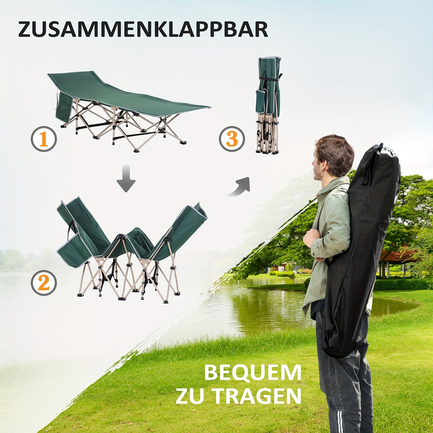 Campingbedje – Reisbedje – Vouwbed – Buitenbed – Opvouwbaar – Lichtgewicht Draagtas – Stabiel Oxford Staal – 190x68x52 cm Groen