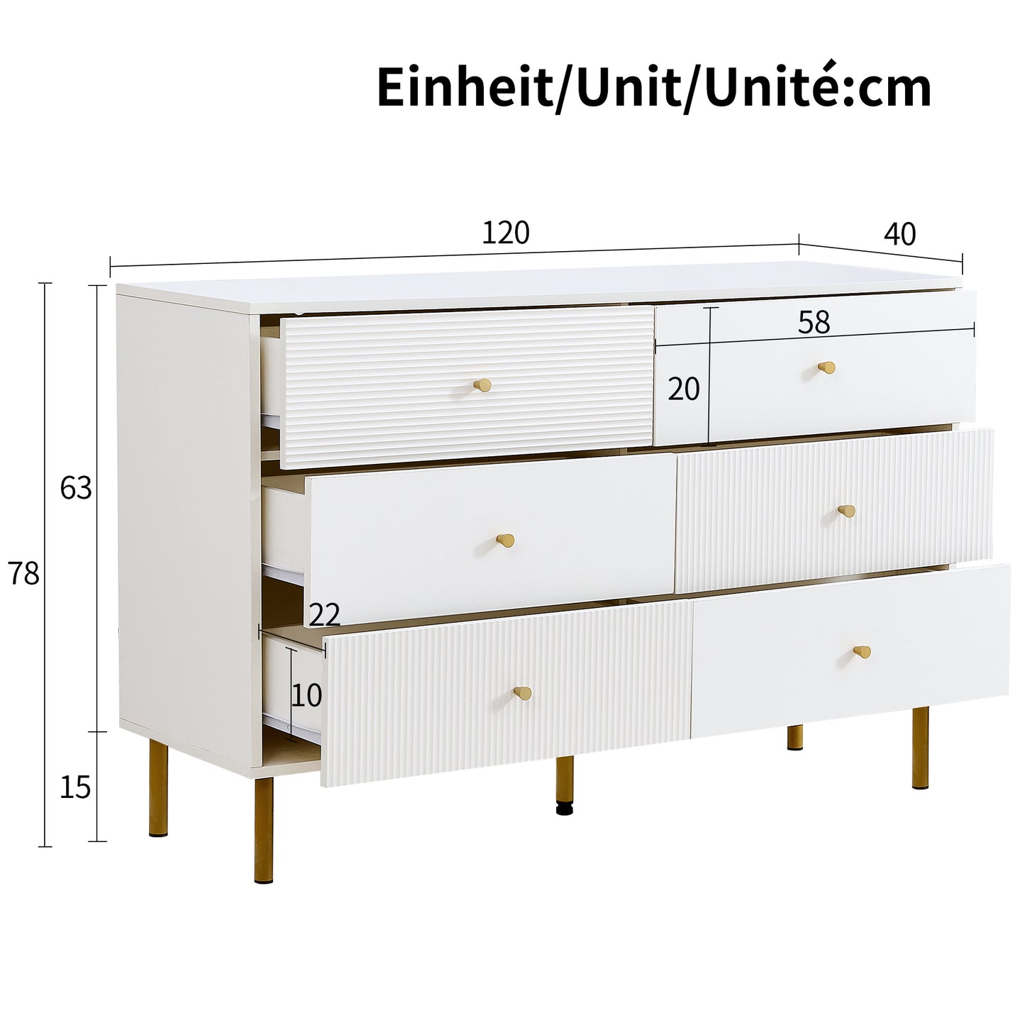 Commode – Ladekast – Dressoir – Opbergkast – Kast – Wit – 6 Lades – MDF Metalen Poten – Gouden Handgrepen – 120x40x78 cm