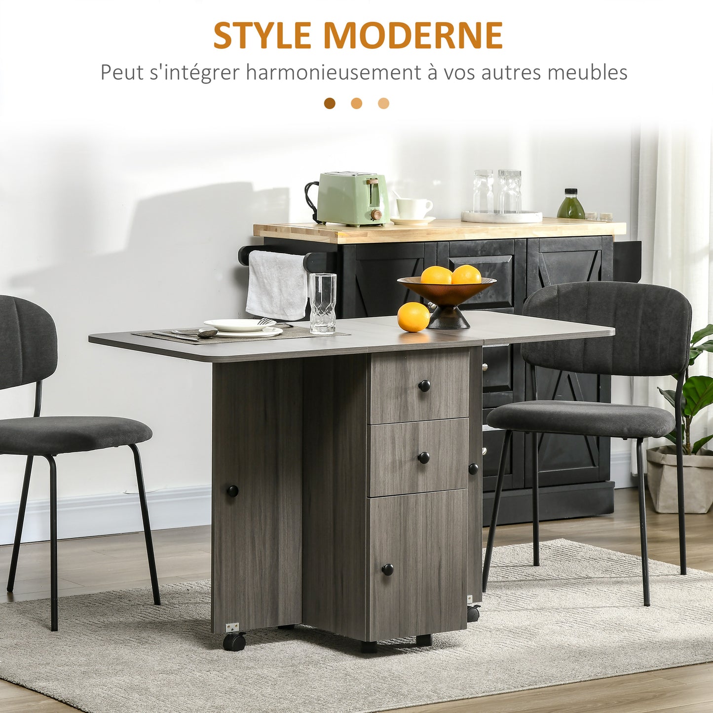 Opvouwbare Keukentafel – Uitschuifbare Eettafel – Inklapbare Tafel – Trolley Tafel – Werktafel – Met 2 Opvouwbare Bladen – Voorzien Van 2 Laden En 1 Kast – Donkergrijs – Compact En Ruimtebesparend – Afmetingen 120x60x76,5 cm