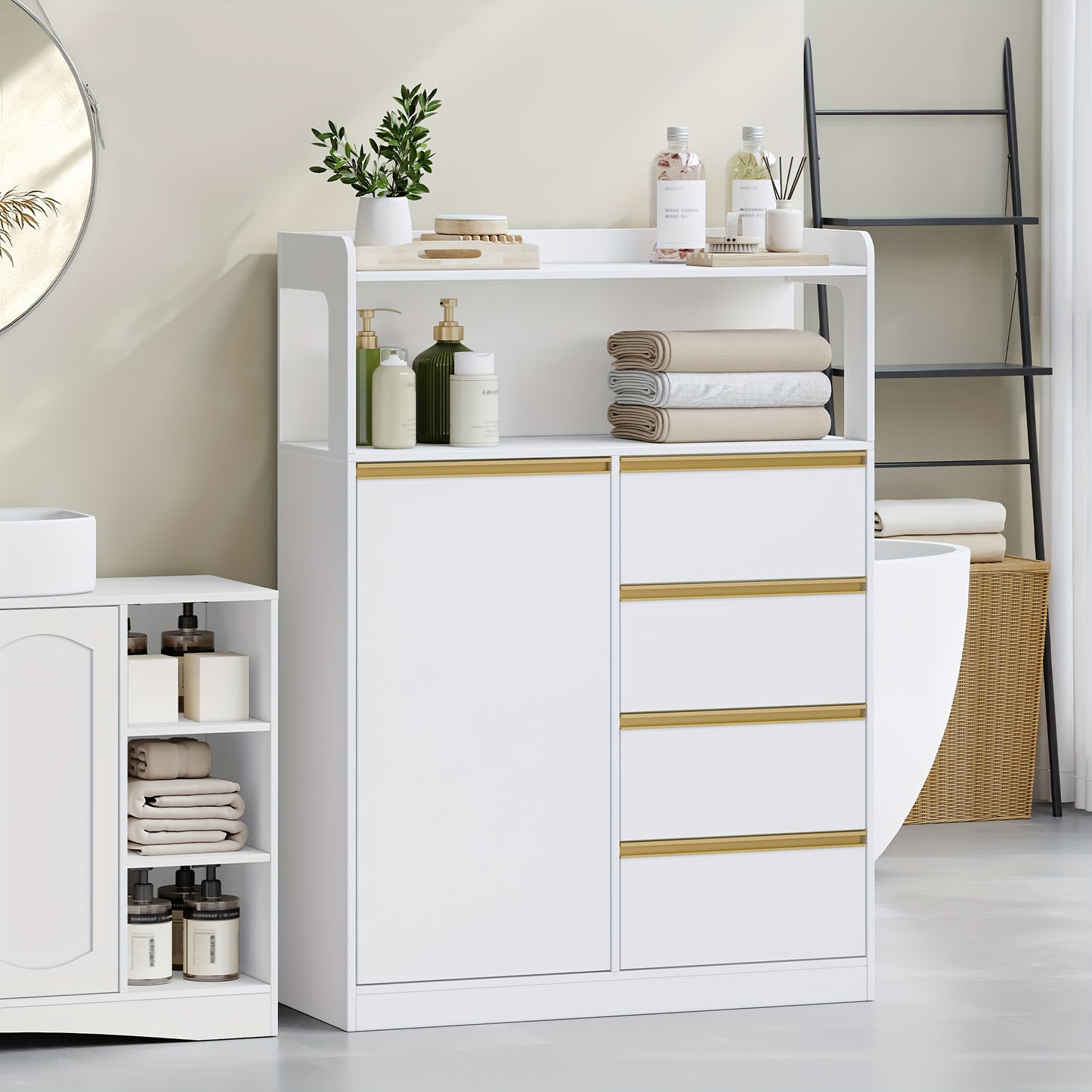 Badkamerkast – Badkamermeubel – Opbergkast – Kolomkast – Wastafelonderkast – 4 Laden & Open Vak – Verstelbare Planken – Wit 110x80x30 cm – Stevig Spaanplaat – Anti-Kantel Veiligheid