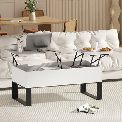 Verstelbare Salontafel – Koffietafel – Opklapbare Tafel – Tafel Met Opbergruimte – Woonkamertafel – Dubbel Hefblad – MDF Met Metaal – Ruimtebesparend Wit