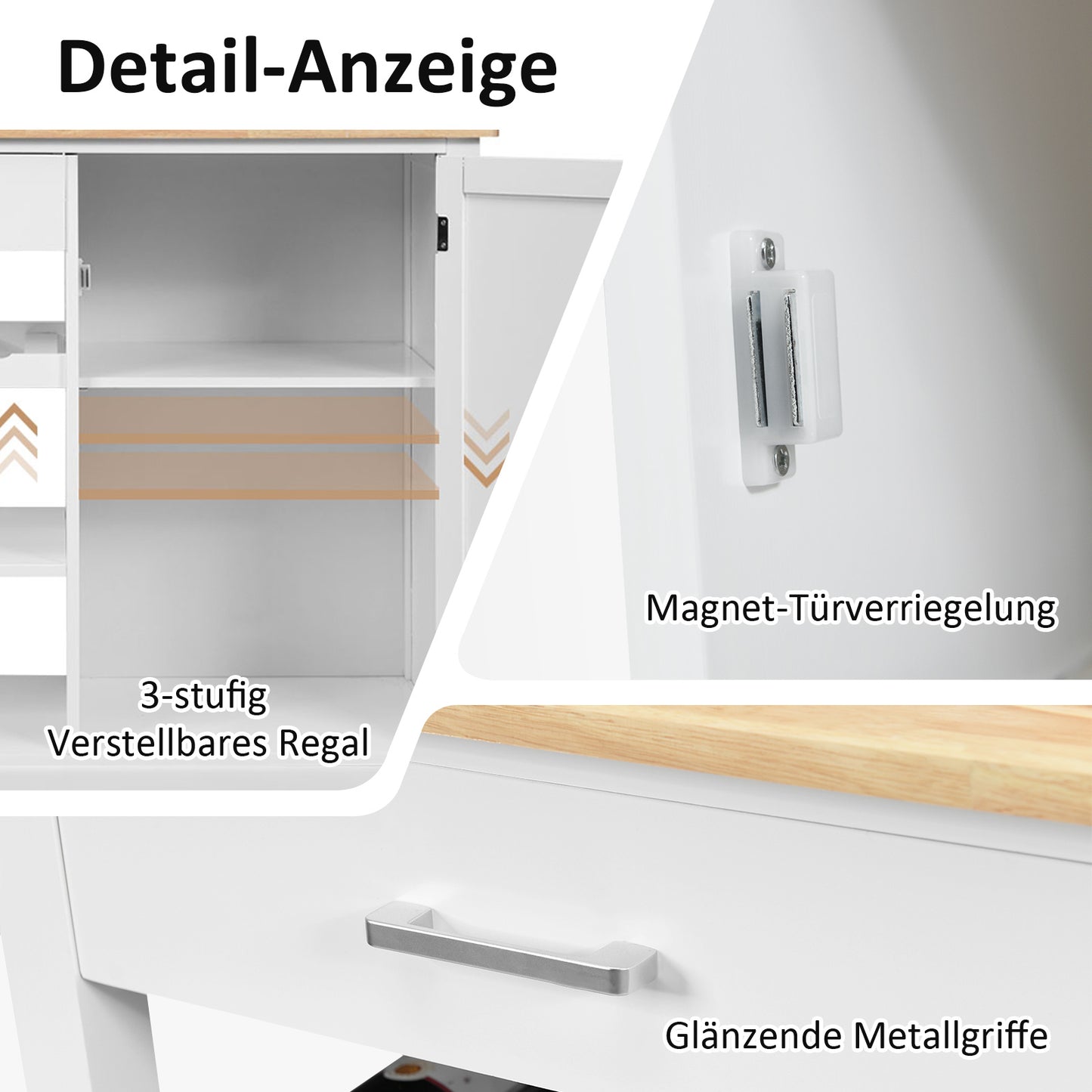 Kunststof Keukentrolley – Keukenwagen – Serveerwagen – Keukeneiland – Rolwagen – Met Wijnrek & Handdoekhouder – Robuust Houten Werkblad – Wielen Met Rem
