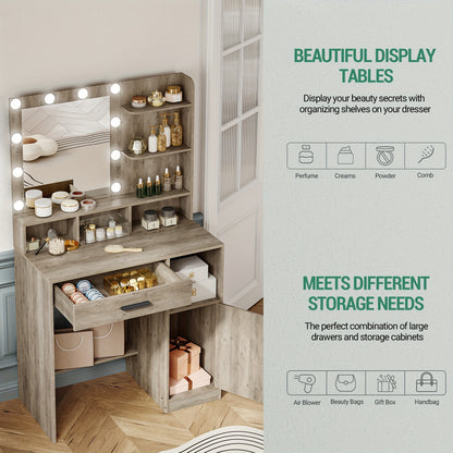 Dressing Table With Mirror, Dressing Table With LED Mirror, Dressing Makeup Table With 3 Shelves And 4 Open Compartments, With Large Drawer And Wardrobe