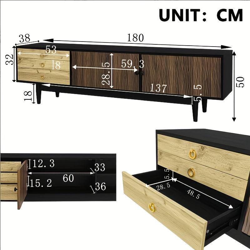 Modern TV Stand with Water Ripple Door Panels & 3-Drawer Storage - Low Profile Media Console, Wood-Free Assembly (Compatible with Wood Finishes), Space-Saving for Small Apartments, Black Furniture Cabinet for