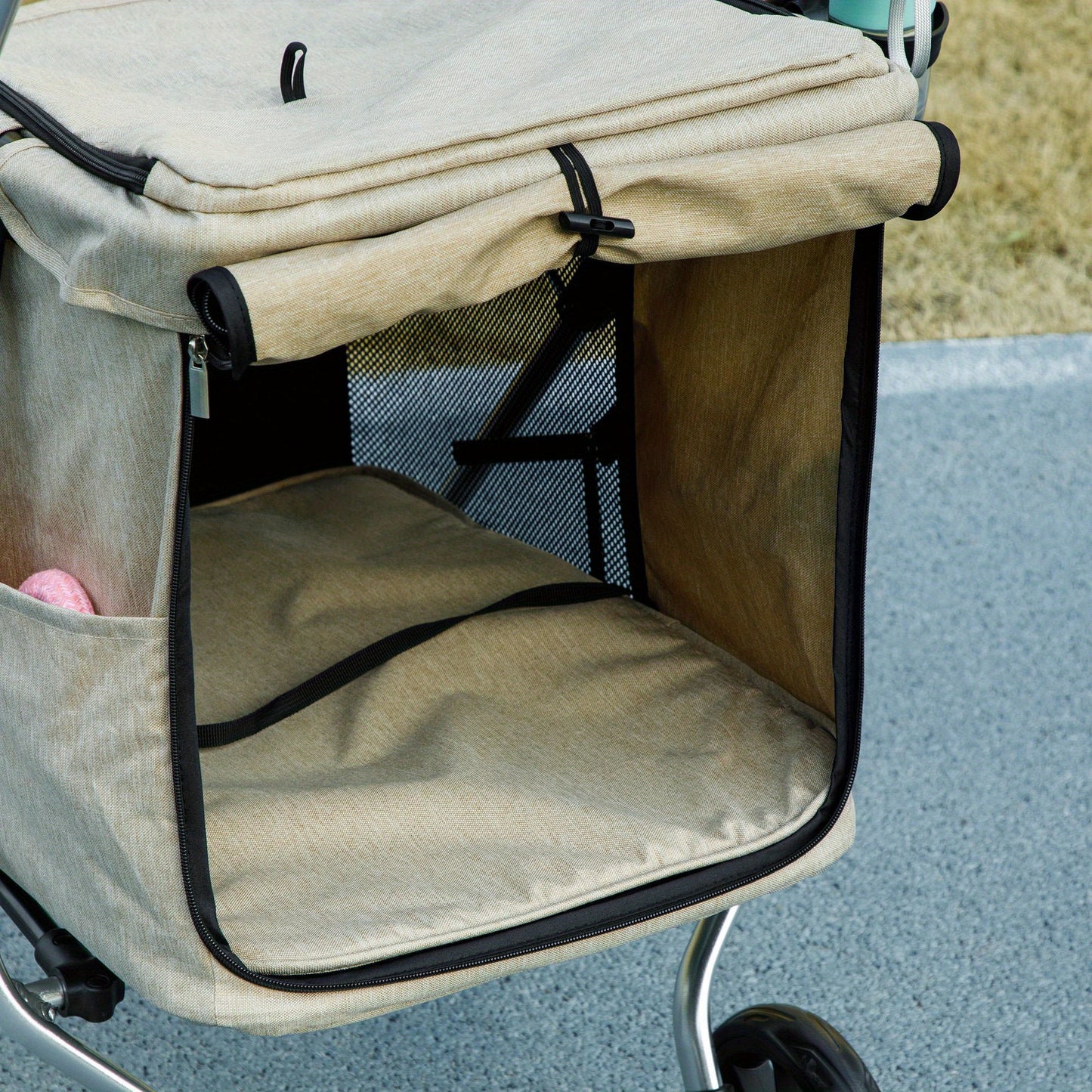 Hondenbuggy – Hondenwagen – Kattenbuggy – Dierenbuggy – Wandelwagen – Lichtgewicht Aluminium – Inklapbaar – Geschikt Tot 10 kg – Met Kussen – Ventilerende Mesh Ramen – Opbergbak – Khaki