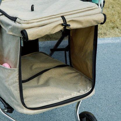 Hondenbuggy – Hondenwagen – Kattenbuggy – Dierenbuggy – Wandelwagen – Lichtgewicht Aluminium – Inklapbaar – Geschikt Tot 10 kg – Met Kussen – Ventilerende Mesh Ramen – Opbergbak – Khaki