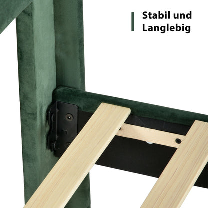 Gestoffeerd Tweepersoonsbed – Ledikant – Bedframe – Sofa Bed – Slaapsysteem – Donkergroen Fluweel – 140x200 cm – Met Lattenbodem – Gepolsterd Hoofdeinde