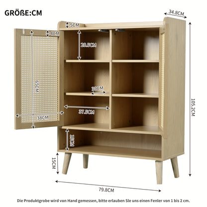 Natural Rattan Shoe Cabinet with Double Doors And Five Shelves for Entryway. with Wooden Handles And Solid Wood Legs. Dimensions: W80/H105/D35cm.