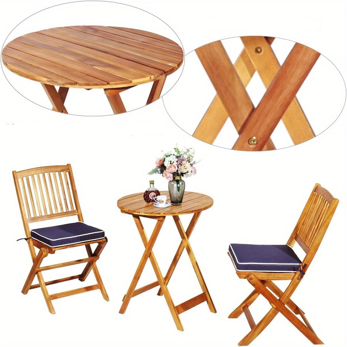 Balkontafelset – Balkonmeubelset – Bistroset – Tuinset – Tuintafelset – Inklapbaar – Acaciahout – Lichtblauwe kussens – Stevig en Compact