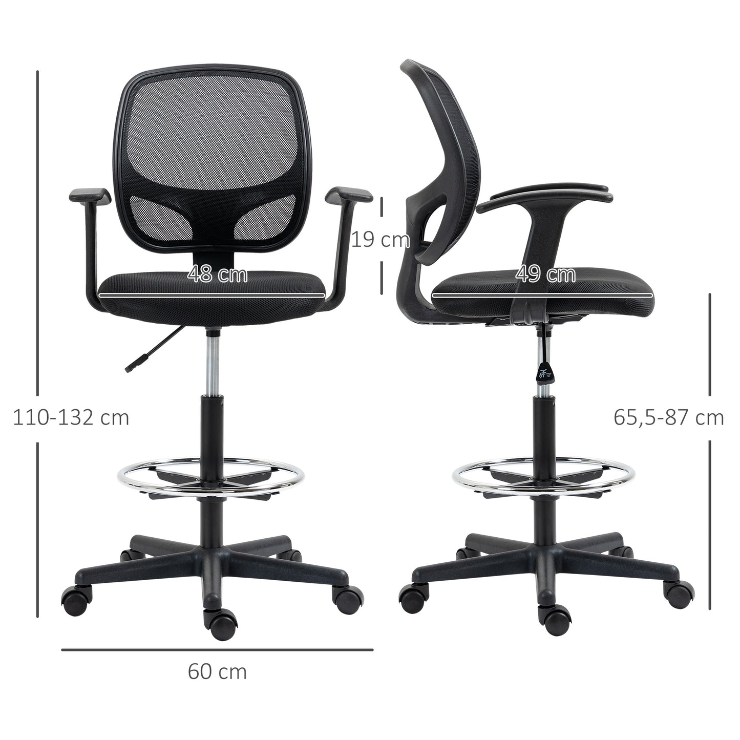 Bureaustoel – Werkstoel – Office Chair – Draaistoel – Tekentafelstoel – Verstelbare Zithoogte 110-132 cm – Inclusief Voetenring Mesh Rugleuning – Zwart