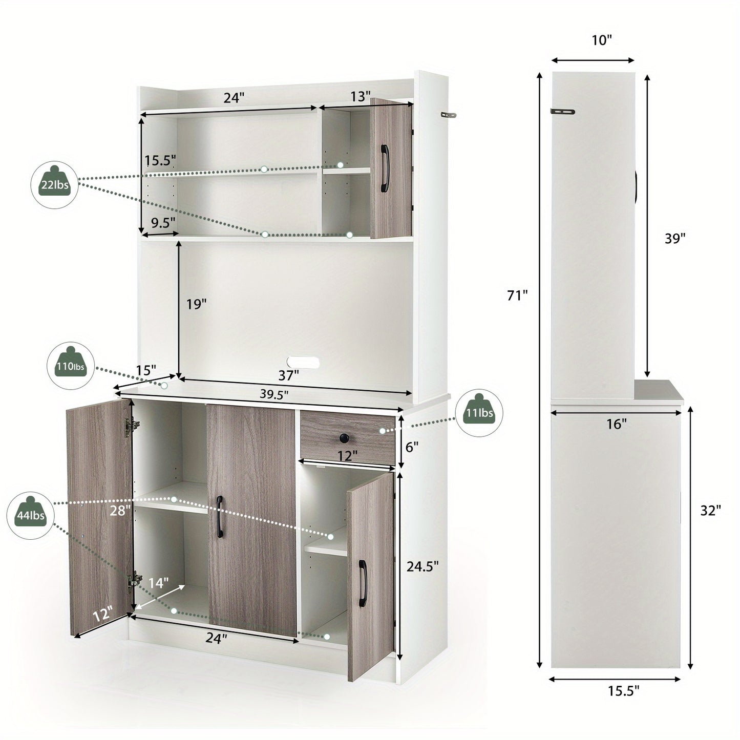 Four-Door Kitchen Buffet Storage Cabinet with Hutch, Freestanding Kitchen Pantry with Drawer, Large Open Space, Adjustable Shelves, Kitchen Pantry Cabinet, Pantry Cabinet for Kitchen, Kitchen Sideboard Cabinet, Pantry Cupboar