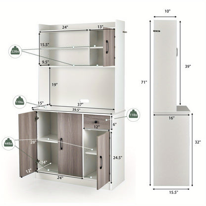 Four-Door Kitchen Buffet Storage Cabinet with Hutch, Freestanding Kitchen Pantry with Drawer, Large Open Space, Adjustable Shelves, Kitchen Pantry Cabinet, Pantry Cabinet for Kitchen, Kitchen Sideboard Cabinet, Pantry Cupboar