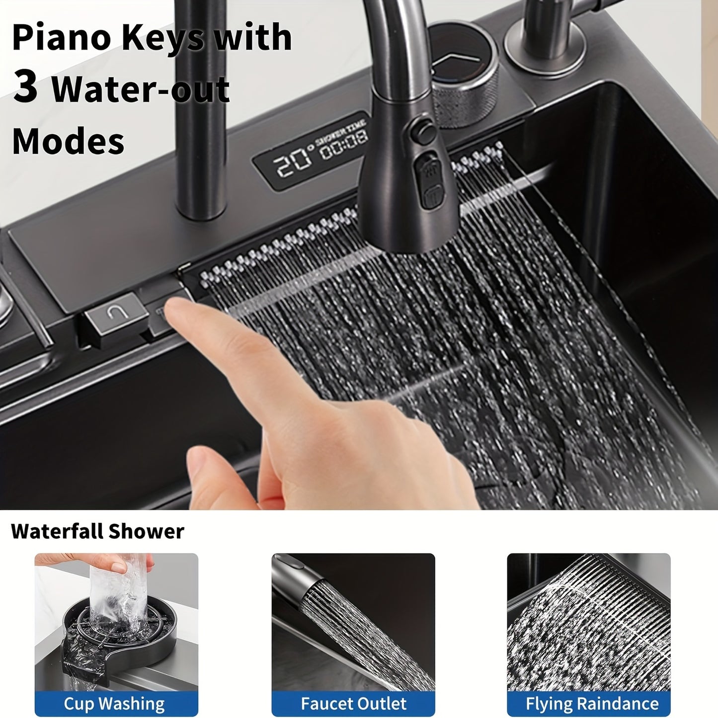 RVS Waterval Spoeltafel – Keukenspoelbak – Spoelbak RVS – Enkele Spoelbak – Onderbouw Spoeltafel – Waterspaardisplay – Uittrekbare Watervalkraan – 76,2x45,97x20,5 cm Antraciet
