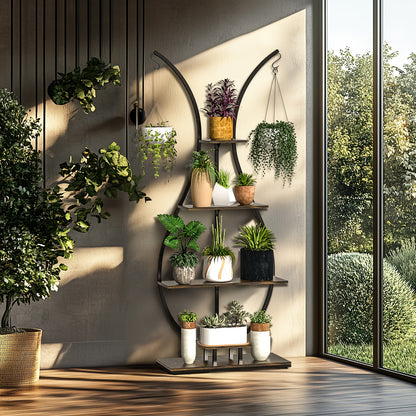 Plantenhouder – Plantenrek – Bloemenstandaard – Plantenrekje – Plantenrek Binnen – 5 Lagen – Metaal Met Houten Planken – Vaasvorm – Voor Woonkamer & Balkon – Bruin