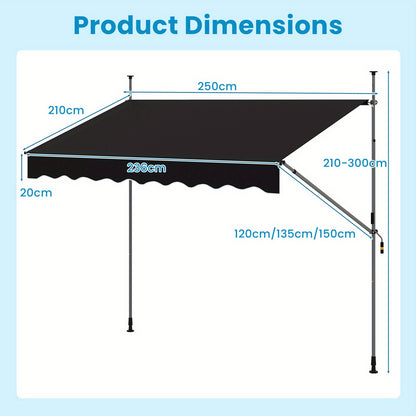 Markies Zonnescherm – Balkon Zonwering – Terras Luifel – Uitschuifbaar Scherm – Klemmarkies – Verstelbaar 210-300 cm – Waterafstotend Polyester – Zwart Gepoedercoat Stalen Frame