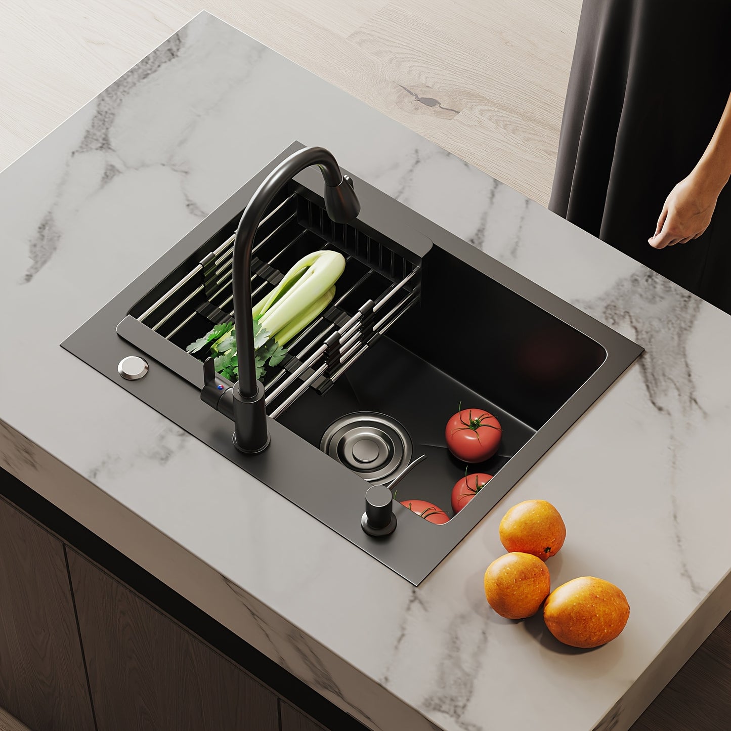 Matte Zwarte Spoeltafelset – Spoelbak – Keukenkraan – Uittrekbare Kraan – Zeeppomp – X-Flow Afvoer – Krasbestendig Composiet – Gereedschapsloze Installatie