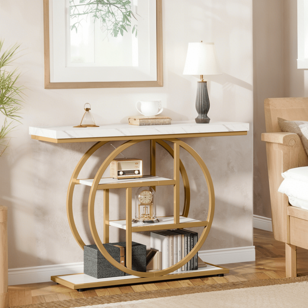 Sofa Tafel – Sidetable – Haltafel – Console Tafel – Gangtafel – Wit Met Gouden Accenten – 41,3 Inch – 4-Lagen Opbergruimte