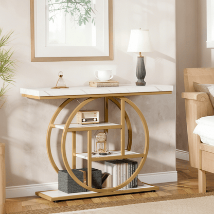 Sofa Tafel – Sidetable – Console Tafel – Haltafel – Meubelstuk – Wit & Gouden Design – 41,3 Inch Met Onderplank – Stevig Gelamineerd Hout