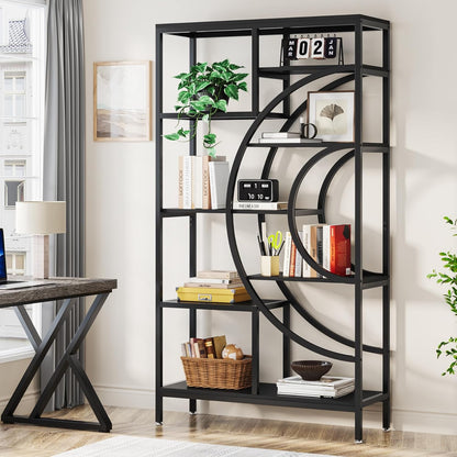 Boekenkast – Boekplank – Boekenrek – Opbergkast – Vakkenkast – Industriële Metalen Frame – 8 Vakken – 179 cm Hoog – Open Geometrisch Design – Zwart/Eikenhouten Planken