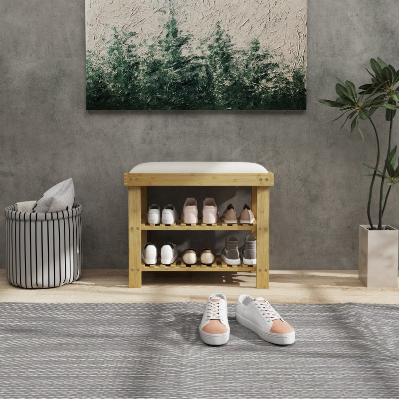Schoenenbank – Schoenrek – Zitbank – Opbergbank – Halbank – Crème Wit – Bamboe Zitting – 2 Open Vakken – Compact 60x29x49 cm