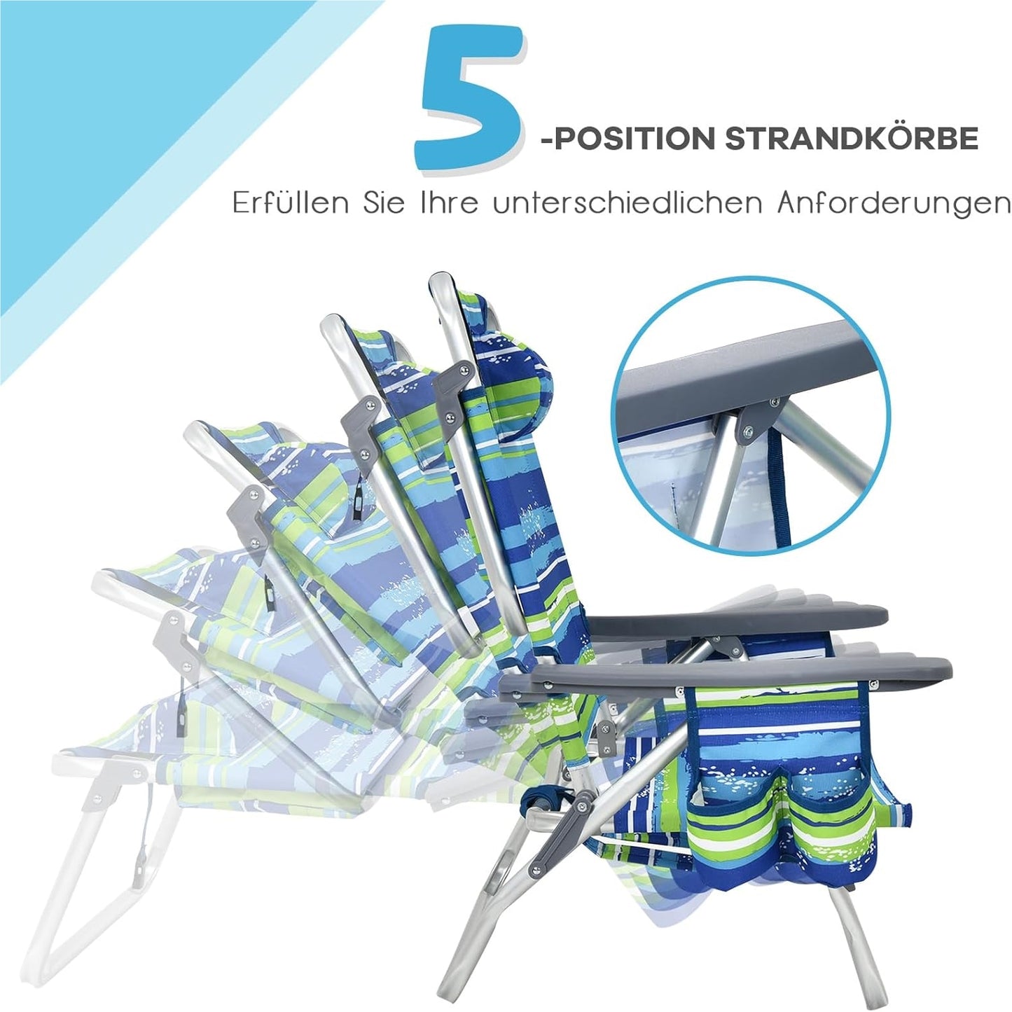 Campingstoel – Strandstoel – Kampeerstoel – Ligstoel – Tuinstoel – 3-Delige Set Blauw + Groen – Verstelbare Rugleuning – Inclusief Koelvak & Opbergvakken