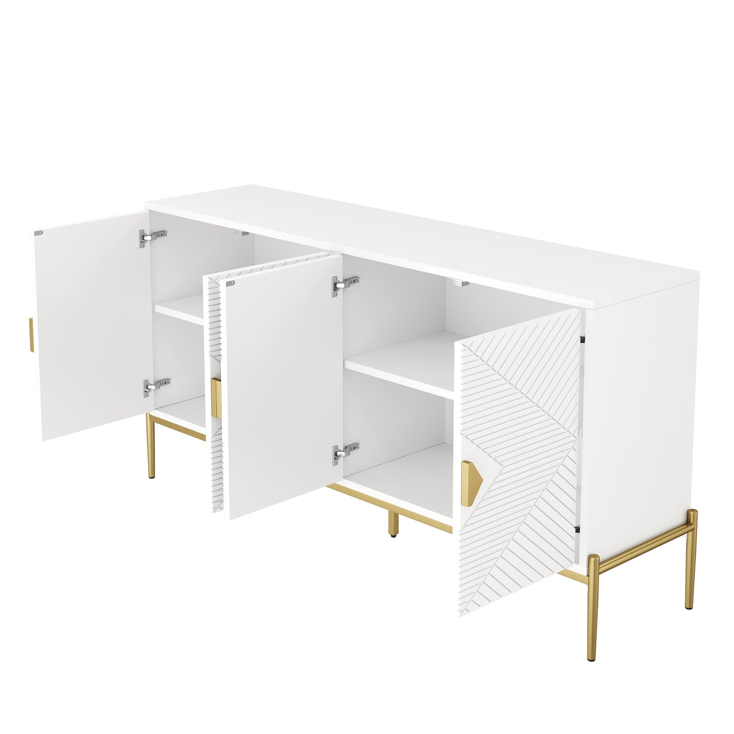 Sideboard – Opbergkast – Dressoir – Buffetkast – Woonkamerkast – Wit Modern Design – 4 Deuren Met Verstelbare Legplanken – Gouden Metalen Poten – 162x40x80 cm
