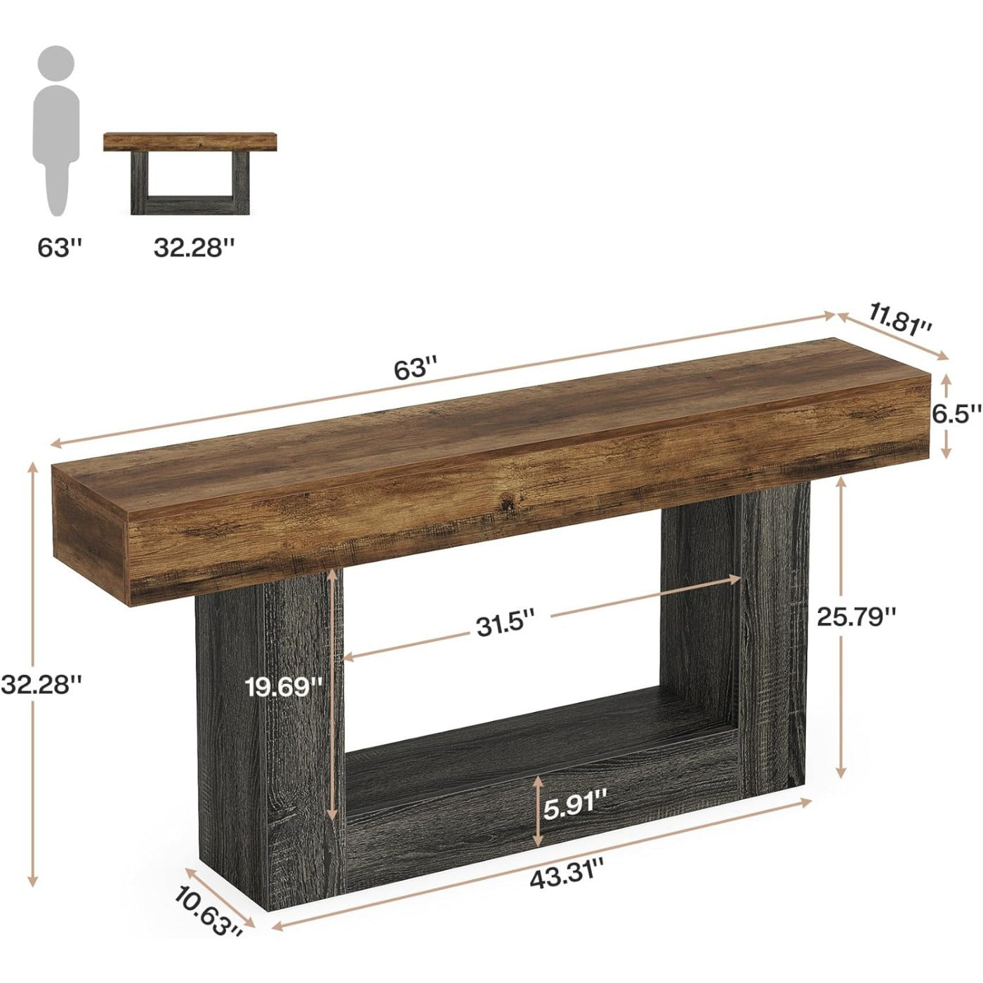 Sidetable – Sofa Tafel – Haltafel – Wandtafel – Landelijke Sidetable – Vintage Bruin & Grijs – Extra Lang 160 cm – Duurzaam Samengesteld Hout