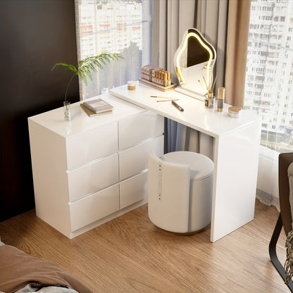 Kaptafel – Make-up Tafel – Dressoir – Opmaaktafel – Houten Kaptafel – Uitbreidbaar & Draaibaar Tafelblad – 6 Geluidsarme Lades – Wit
