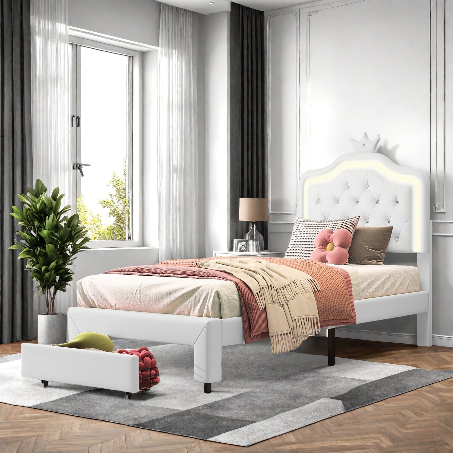 Eenpersoonsbed – Bed – Eenpersoonsbedframe – Slaapbed – Led-bed – Wit – 90x200 cm – Verstelbare LED-verlichting – Opberglades met lattenbodem