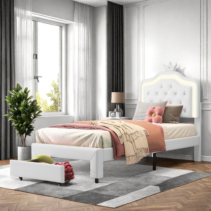Eenpersoonsbed – Bed – Eenpersoonsbedframe – Slaapbed – Led-bed – Wit – 90x200 cm – Verstelbare LED-verlichting – Opberglades met lattenbodem