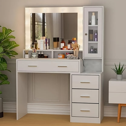 Kaptafel – Make-up Tafel – Opmaaktafel – Schminktafel – Visagie Tafel – Groot Spiegeloppervlak – 5 Laden & Kast – Glasblad – 101x40x143 cm – Vrijstaand – Wit