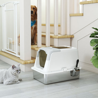 Kattenbak – Kattenbak Met Deksel – Kattenbak Met Schepje – Overdekte Kattenbak – RVS Kattenbak – Wit – Dubbele Toegang – Roestvrij Staal