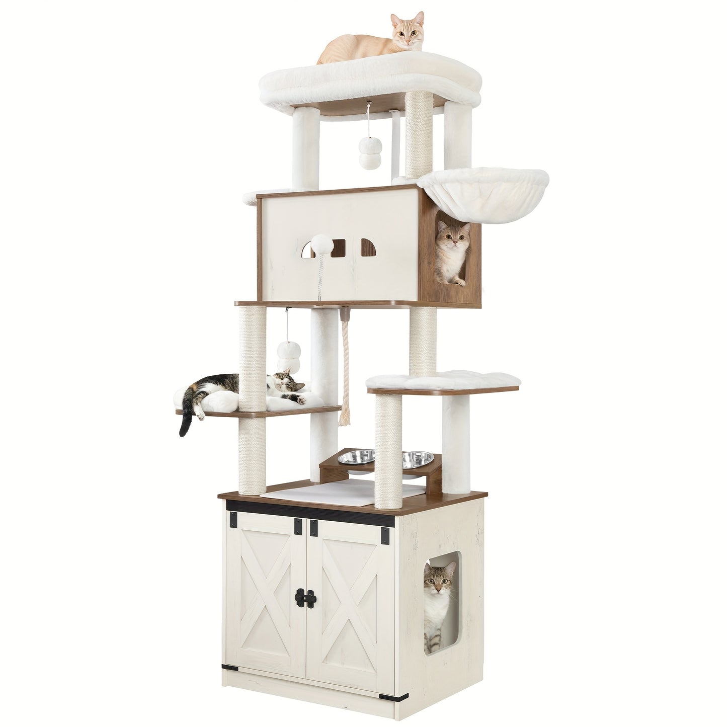 Krabpaal – Kattenkrabpaal – Kattenboom – Kattenmeubel – Kattenhuis – 173 cm Hoog – Met Kattenbakkast en Voerplek – Stevig Gelamineerd Hout & Afneembare Wasbare Kussens