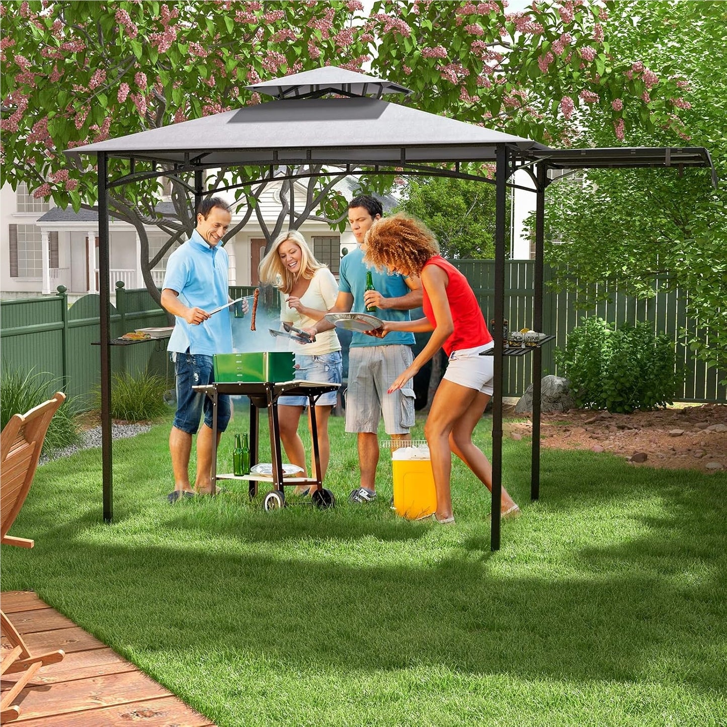 Grillpaviljoen – BBQ Overkapping – Tuinpaviljoen – Grillovertrek – Tuinhoes – Dubbel Dak – Met Zijluifel & Zijtafels – Weerbestendig Grilschap – 318x153x250 cm – Grijs