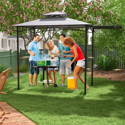 Grillpaviljoen – BBQ Overkapping – Tuinpaviljoen – Grillovertrek – Tuinhoes – Dubbel Dak – Met Zijluifel & Zijtafels – Weerbestendig Grilschap – 318x153x250 cm – Grijs