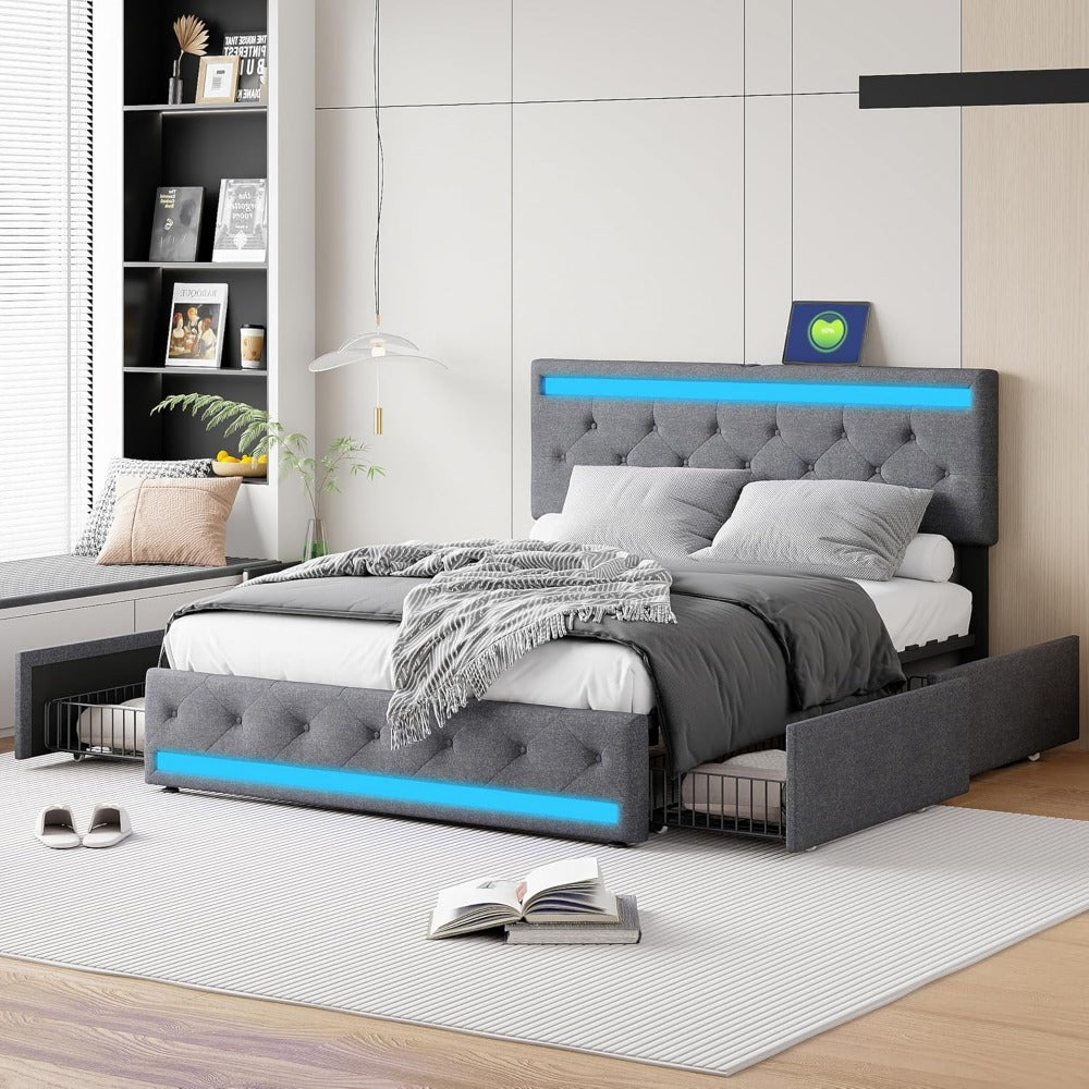 Bed 180x200 cm – Tweepersoonsbed – Opbergbed – Led Bed – Stalen Bedframe – Fluwelen Hoofdbord – USB Oplaadpoort – Vier Lade Opbergruimte