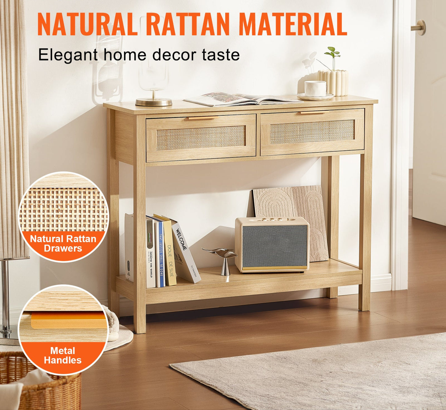 Sidetable – Wandtafel – Consoletafel – Haltafel – Bijzettafel – Natuurlijk Rattan – 2 Lades – Stevige MDF Constructie
