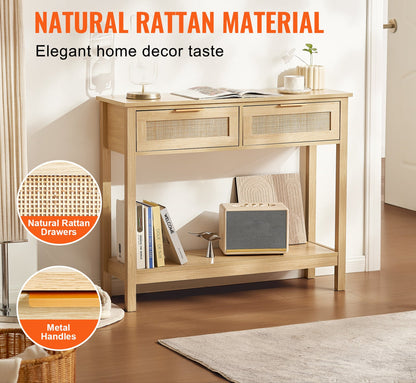 Sidetable – Wandtafel – Consoletafel – Haltafel – Bijzettafel – Natuurlijk Rattan – 2 Lades – Stevige MDF Constructie