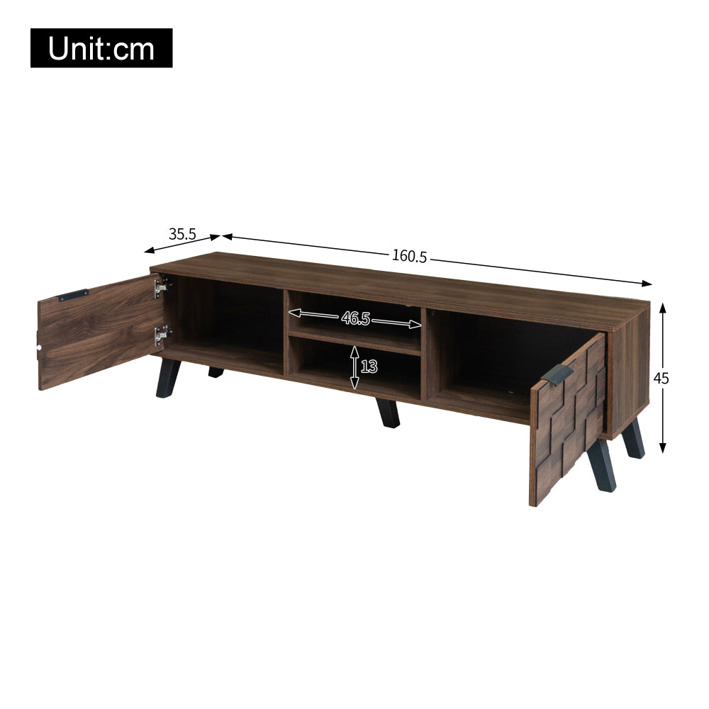 Modern TV Stand with Double Doors & Shelves - Dark Wood Grain Metal Frame, Assembly, Space-Saving, Open/Shelf Storage Suitable for, Apartment, Dorm - 160.5 x 35.5 x 45cm