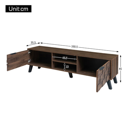 Modern TV Stand with Double Doors & Shelves - Dark Wood Grain Metal Frame, Assembly, Space-Saving, Open/Shelf Storage Suitable for, Apartment, Dorm - 160.5 x 35.5 x 45cm