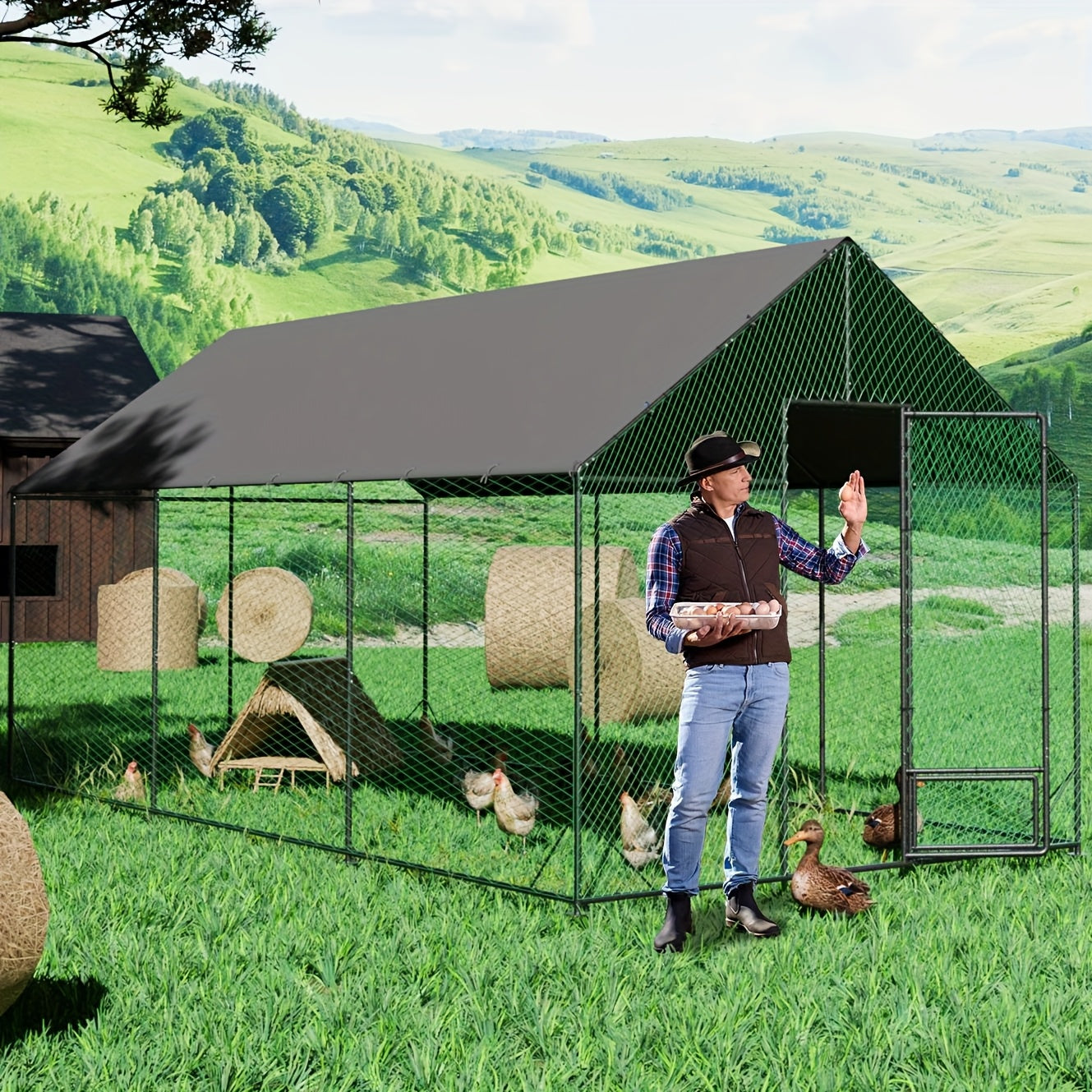 Kippenhok – Buitenren – Pluimveestal – Kippenren – Dierenhok – Gegalvaniseerd Stalen Frame – UV-bestendig Zonnescherm – Groot Formaat