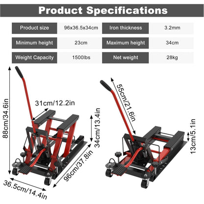Motorfietsbrugwagen – Motorlift – Hydraulische Motorlift – Motorhefbrug – Motor Tilplatform – Draagvermogen 680 kg – Inklapbaar Ontwerp met Wieltjes