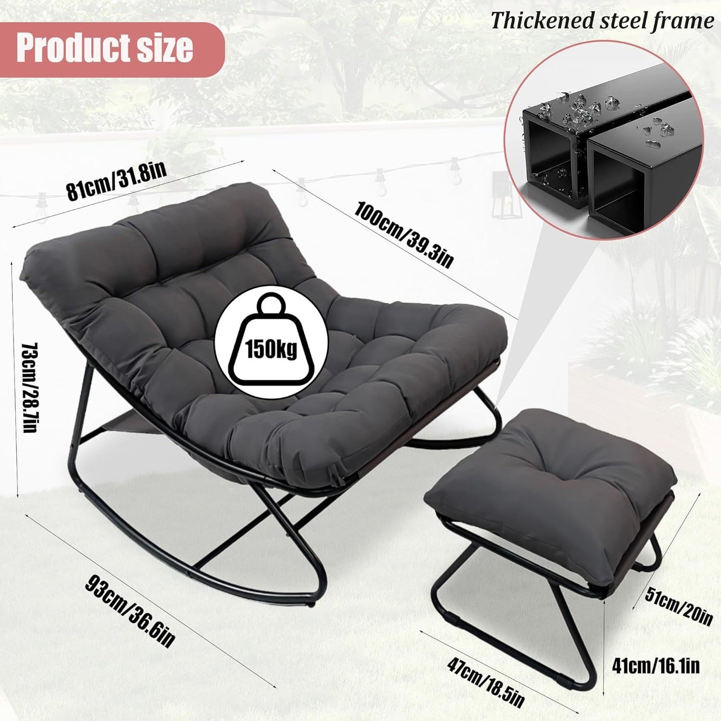 Schommelstoel – Loungestoel – Relaxstoel – Schommelzetel – Schommelstoel Zwart – Ergonomisch Ontwerp – Stalen Frame Tot 150kg