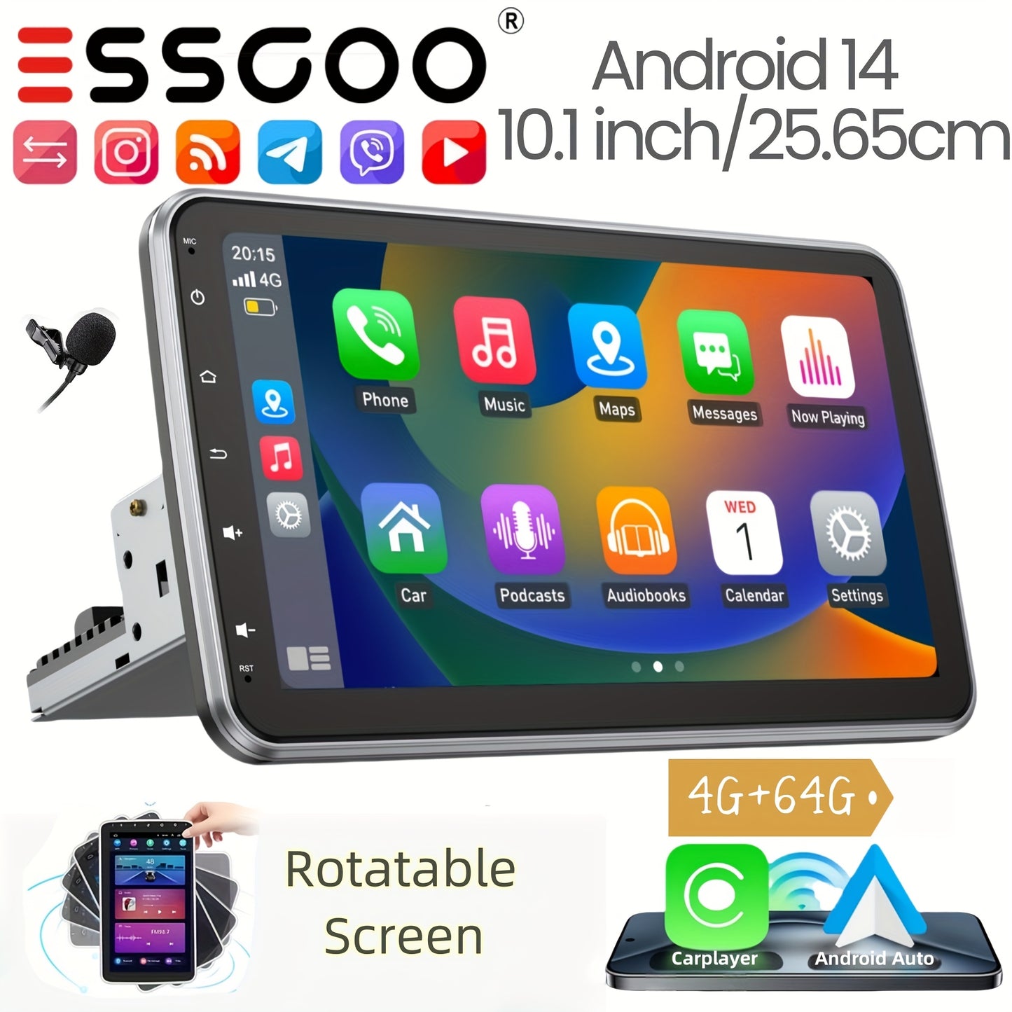 Autoradio – Auto Stereo – Multimedia Speler – Navigatiesysteem – Carplayer Systeem – Met Microfoon – 10,1 Inch Draaibaar HD Touchscreen – Android 14.0 Met Split Screen