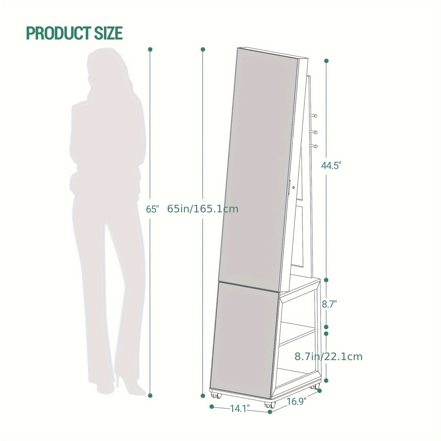 Sieradencabinet – Sieradendoos – Juwelendoos – Sieradenkast – Sieradenopberger – Volledige Spiegel 169 cm – Verplaatsbaar Met Wieltjes En Slot